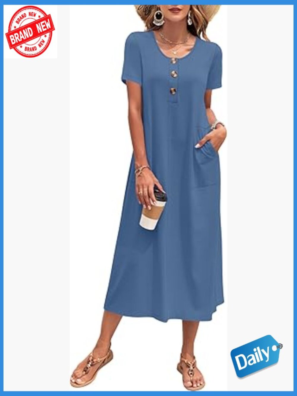 Loose Short Sleeve Midi Sundress with Pockets